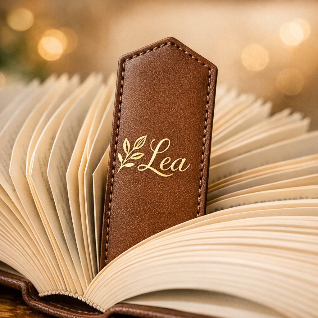 Personalisiertes Kunstleder-Lesezeichen mit goldener Gravur im Buch – Geschenkidee von MyDesignStyle
